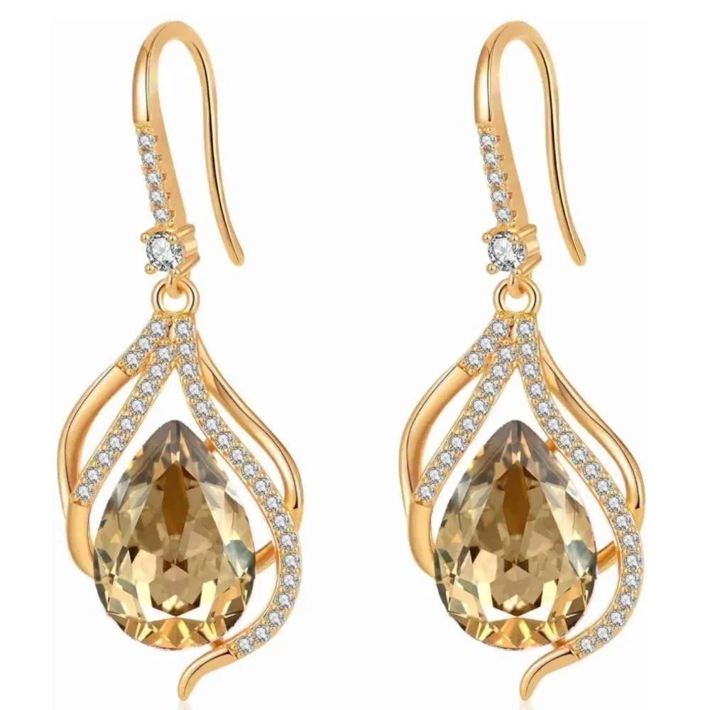 14K Yellow Gold with Champagne Topaz Austrian Crystal Twisted Teardrop Earrings
